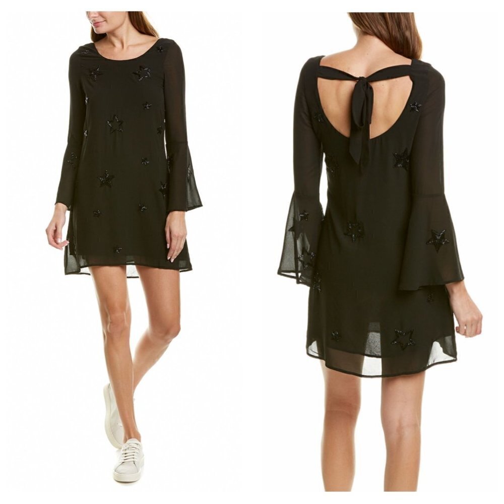 Chaser Dress NWT $136 Open Back Black Mini Bohemian Bell Sleeves Womens Sz S